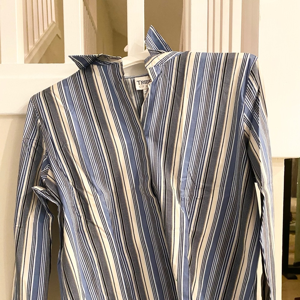 Tribeca Studio Size 12 Blue Stripe Button Down Shirt Womens Clothing